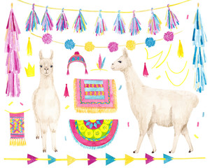 Watercolor hand drawn set with llama (alpaca) animal and party elements isolated on white background. Good for poster, greeting, birthday card, baby shower  and nursery design and party decor © Lelakordrawings
