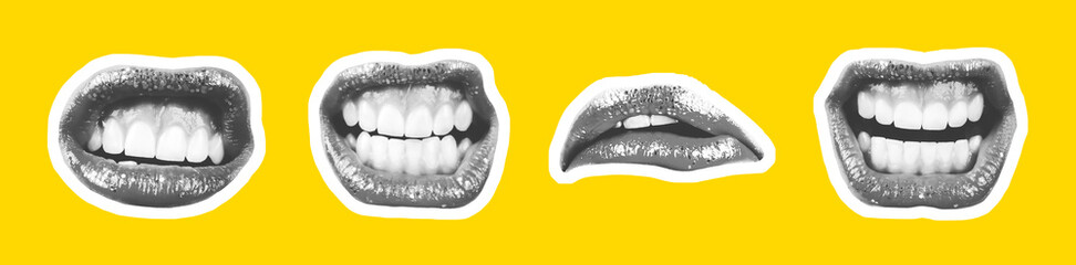 Collage of contemporary art in the style of a magazine with a set of female emotional lips. Closeup mouth girl expressing various emotions. Black and white tones colorful yellow background.