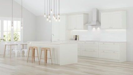 Fototapeta premium The interior of the kitchen in a private house. White kitchen with a blue island. 3D rendering.