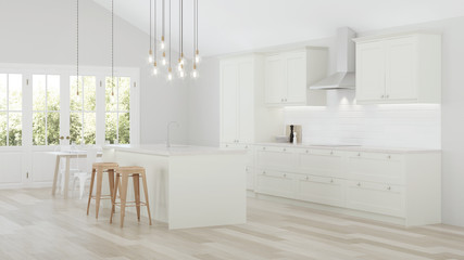 The interior of the kitchen in a private house. White kitchen with a blue island. 3D rendering.