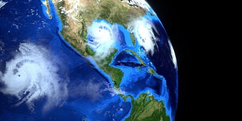 Extremely detailed and realistic high resolution 3d illustration of multiple Hurricanes approaching the USA. Shot from space. Elements of this image are furnished by NASA.