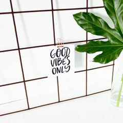 Quote Good vibes only on mood board and green tropical leaf