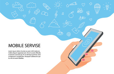Woman hand holing phone with set of icons that fly from screen. Mobile servises concept. Blue cloud with various symbol of mobile servises.