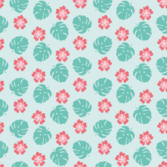 Seamless pattern with tropical leaves and Hibiscus flowers