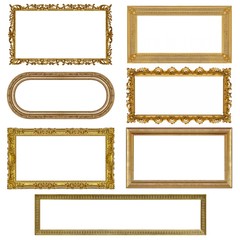 Set of panoramic golden frames for paintings, mirrors or photo isolated on white background	