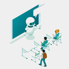 Isometric education or business training using artificial intelligence concept. Group of businessmen studies data. Science teacher bot, Artificial Intelligence, Knowledge Expertise Intelligence Learn.
