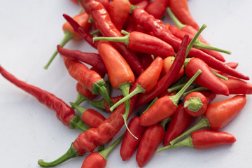 chili peppers selection on white table background.