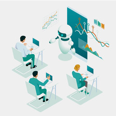 Isometric education or business training using artificial intelligence concept. Group of businessmen studies data. Science teacher bot, Artificial Intelligence, Knowledge Expertise Intelligence Learn.