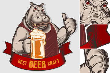 Serious hippo holds glass of beer, shows thumb up. Character design of big aggressive animal. Best Craft Beer on banner ribbon. Vector vintage inked engraved retro illustration for Oktoberfest prints