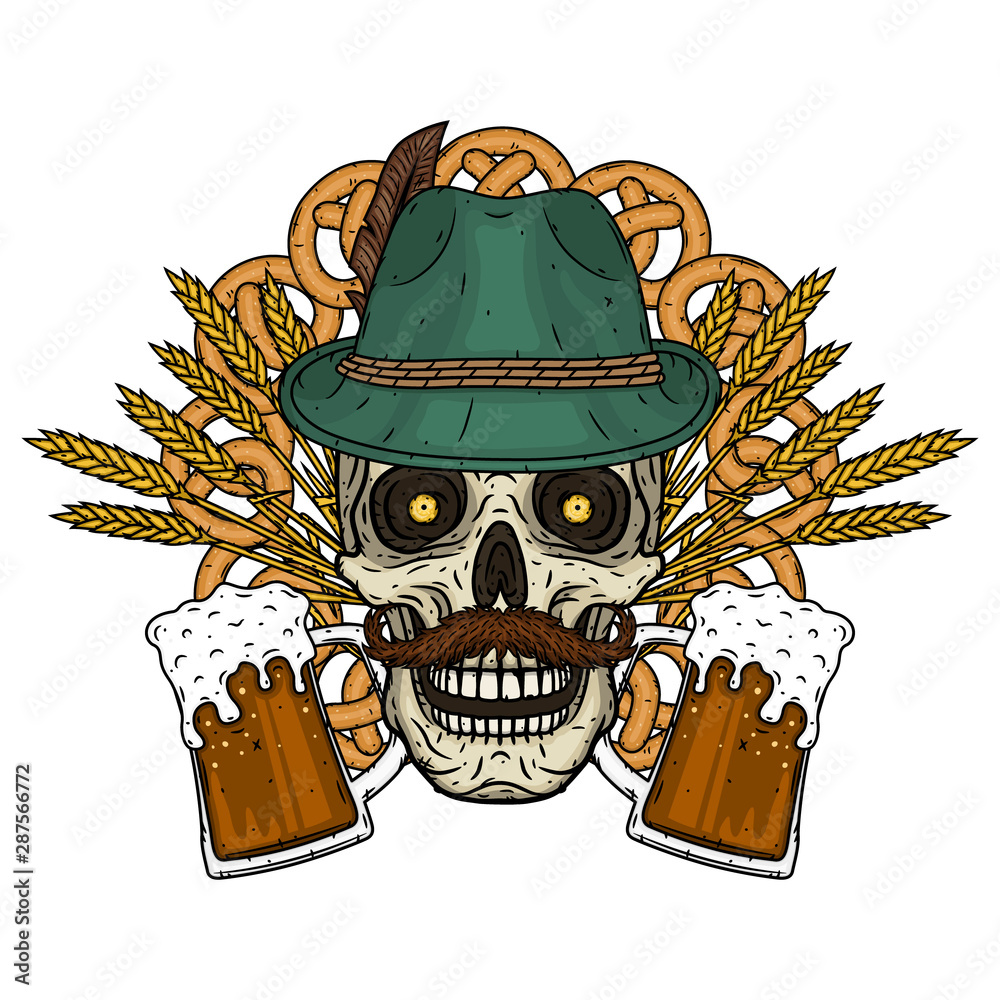 Wall mural Illustration for oktoberfest. Skull in Tyrolean hat, with ears of wheat and glass of beer.