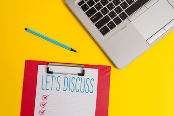 Writing note showing Let S Discuss. Business concept for asking someone to talk about something with demonstrating or showing Trendy metallic laptop clipboard paper sheet marker colored background