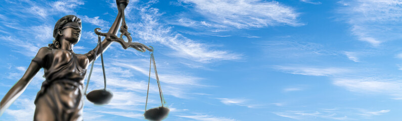 Statue of lady justice on bright background - Side view with copy space. - obrazy, fototapety, plakaty