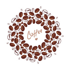 Coffee. Background with drop, coffee beans and place for your text. Menu for restaurant, cafe, bar, coffee shop, tea-house. Brown pattern. Many flying coffee beans. Circle shape vector
