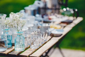 Catering service. Table setting, glass goblets, cutlery