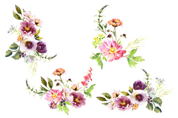 Collection Wedding bridal romanric rustic warm bouquet. Hand drawing watercolor pink and purple and orange flowers ornament