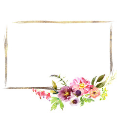 Wedding frame wreath bridal romanric rustic warm bouquet. Hand drawing watercolor pink and purple and orange flowers ornament