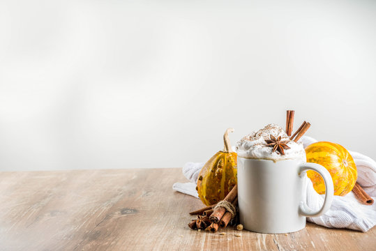 Autumn Pumpkin Spice Latte With Cinnamon Sticks And Anise Stars