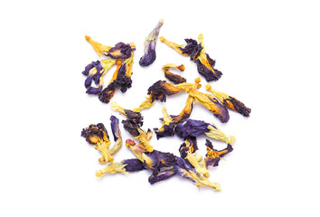 Dry Butterfly pea Tea, blue Tea, asian, clitoria are ternate, Thailand isolated on white Background