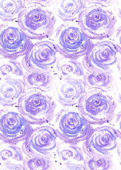 Watercolor hand drawn seamless pattern with abstract purple roses flowers  isolated on white background. Good for background, wrapping paper, fabric and other.