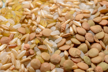Various seeds and grains close up, food background