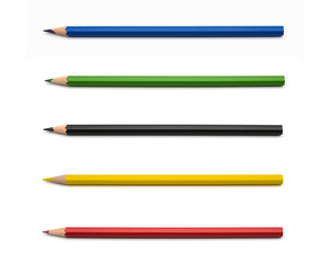 color pencils collection blue, green, black, yellow and red on white background.