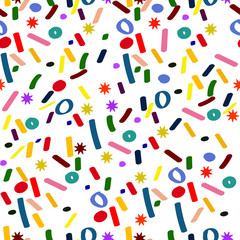 Fototapeta na wymiar Seamless abstract pattern, confetti bright design. Multi colored abstract vector elements, white background. Perfect for wrapping paper, gifts decoration, invitations.