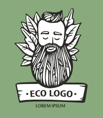 Eco nature logo. Hipster head with blooming beard with leafs. Hand-Drawn Vector Illustration. Bearded man emblem for eco products.