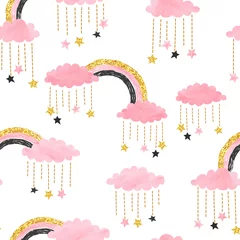 Dekokissen Nettes rosa nahtloses Muster mit Regenbogen, Wolken und Sternen. Vektoraquarellillustration für Kinder. © Afanasia