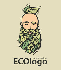 Eco nature logo. Hipster head with blooming beard with leafs. Hand-Drawn Vector Illustration. Bearded man emblem for eco products.