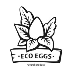 Eco eggs logo. Emblem egg with leafs. Hand-Drawn Vector Illustration. Logo for eco products.