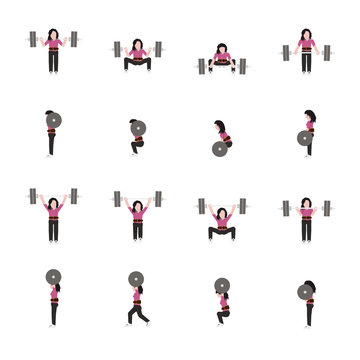 Weightlifting woman flat icon set in color. Vector.