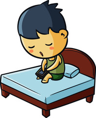 Cute and funny man get sleepy while holding cellphone