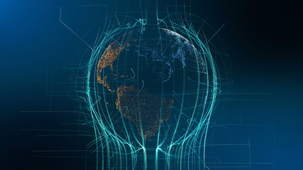 Visible Earth Particle Rotation Technology Concept. Digital Hologram Sight Futuristic Cyberspace Business Background. Abstract Lines Network Grid Outer Space Exploration 3D Rendering Animation