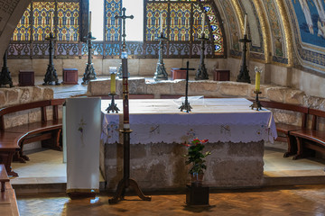 Prayer hall in the central hall of the catholic Christian Transfiguration Church located on Mount...