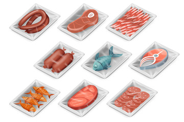 Isometric disposable food pack meat fish sausage bacon tenderloin isolated package mockup box set design vector illustration
