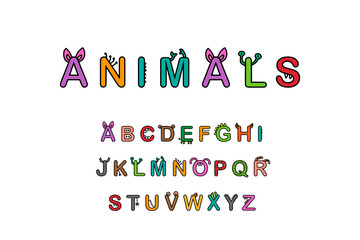 Animals wild and domestic hand drawn aplhabet for kids abc in cartoon style