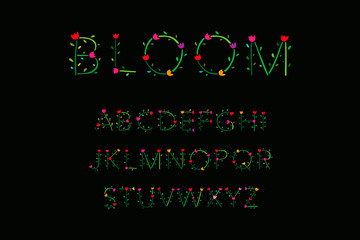 Bloom beautiful floral hand drawn vector font. Abc alphabet with vibrant plants for wedding postcards prints posters
