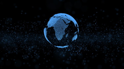 3d animation of isolated globe model with blue mainlands disintegrating to information units in dark flashing background. Motion graph. Digitized world and blue ocean strategy concept. Big data.