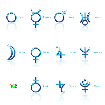 Collection of Astrological Planets Symbols on a White Background. Signs Collection: Sun Earth Moon Saturn Uranus Neptune Jupiter Venus Mars Pluto Mercury