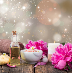 spa massage setting product, oil on wooden background