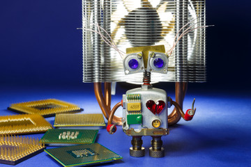 Robot-cyborg with computer processors and CPU cooler on a dark background.