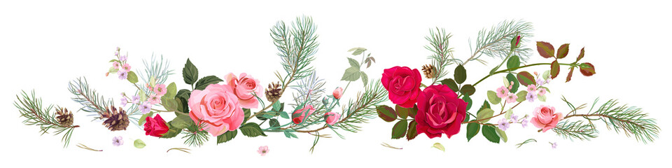 Naklejki  Panoramiczny widok z czerwonymi, różowymi różami, wiosennymi kwiatami, gałęziami sosny, szyszkami. Obramowanie poziome na Boże Narodzenie: kwiaty, pąki, liście na białym tle, cyfrowe rysowanie, styl akwareli, wektor
