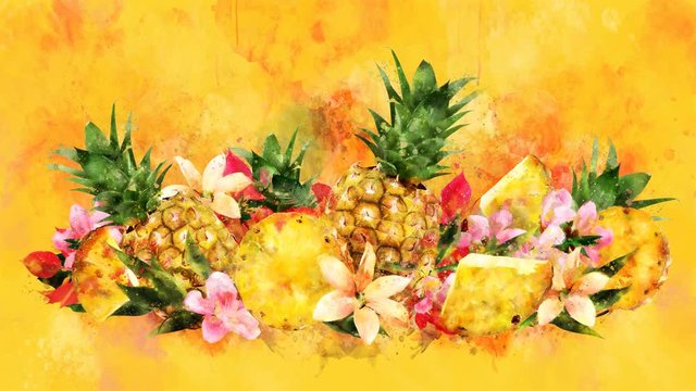 The appearance of the pineapple on a watercolor background.