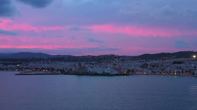 Barcelona Sitges Spain. Church of San Bartolome and Santa Tecla. Beautiful pink sunset