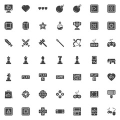 Video game elements vector icons set, modern solid symbol collection, filled style pictogram pack. Signs, logo illustration. Set includes icons as game console controller, computer keyboard and mouse