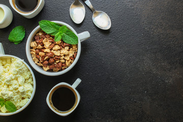 breakfast, cornflakes, coffee, cottage cheese others - delicious and healthy, menu concept. food background. copy space