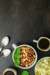 breakfast, cornflakes, coffee, cottage cheese others - delicious and healthy, menu concept. food background. copy space