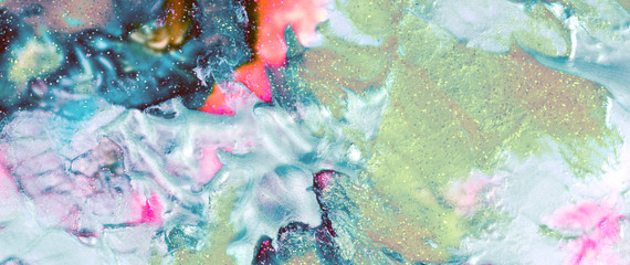 Abstract color background. Acrylic gold  paint with sparkles. Marble texture.