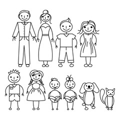 Set of happy cartoon doodle figure family, stick man. Stickman Illustration Featuring a Mother and Father and Kids. Vector Illustration, set of family in stick figures. Hand Drawn.