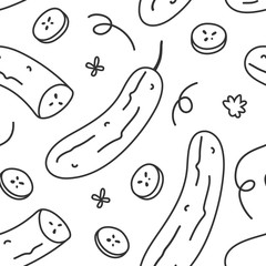 Seamless vector pattern with hand drawn cucumber vegetables. Endless repeat background of handdrawn veggies with slices. linear black and white contour naive style. good for  fabric or wrapping paper.